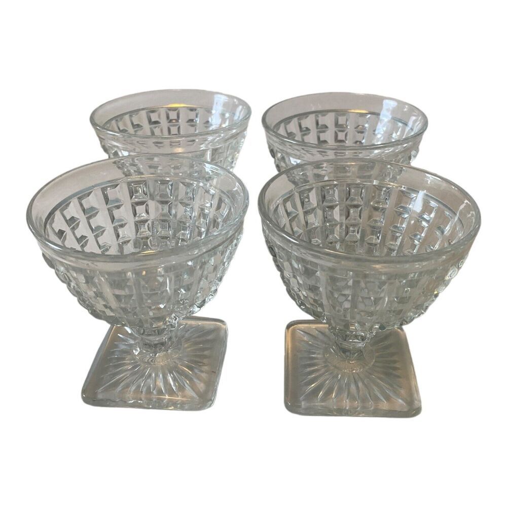 Set of 4 Imperial Monticello Waffle Crystal Glass Sherbets w Square Base
